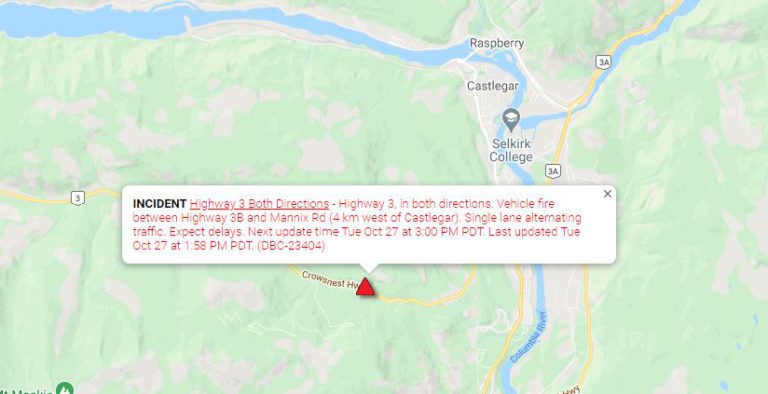 Vehicle fire west of Castlegar shuts lane on Hwy 3