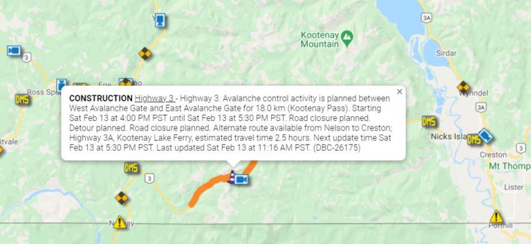 Kootenay Pass closure 4:00-5:30 PM PST