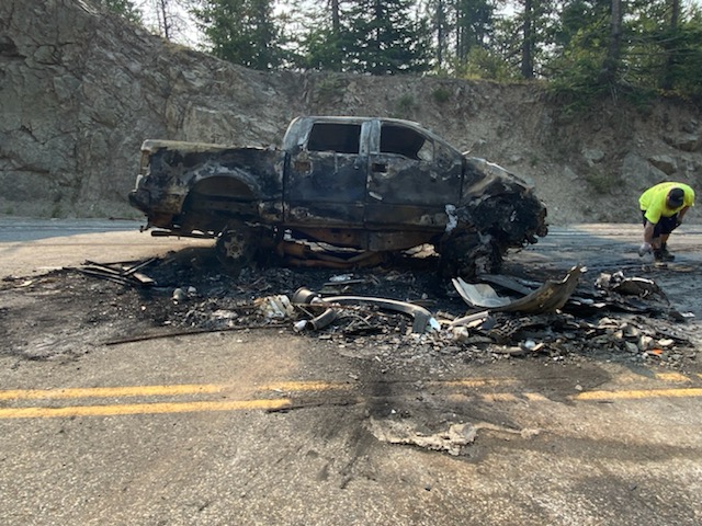 Single-vehicle accident left one truck on fire on the Paulson Summit