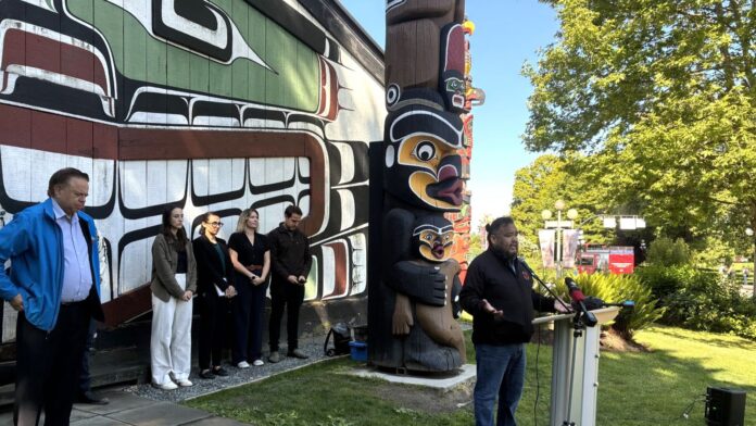 Tsartlip First Nation Chief Don Tom speaks out against Bill 15 in Victoria, alongside First Nations leaders and environmental advocates.