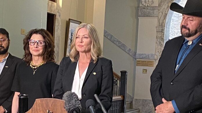 FILE - Independent MLAs Dallas Brodie, Tara Armstrong, and Jordan Kealy speak to reporters on March 28th. | Emily Joveski, Vista Radio photo